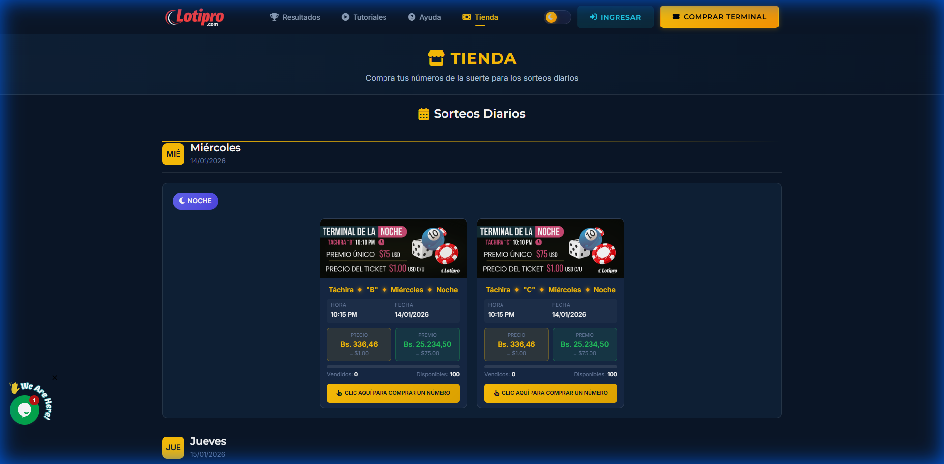 Sorteos disponibles en la tienda